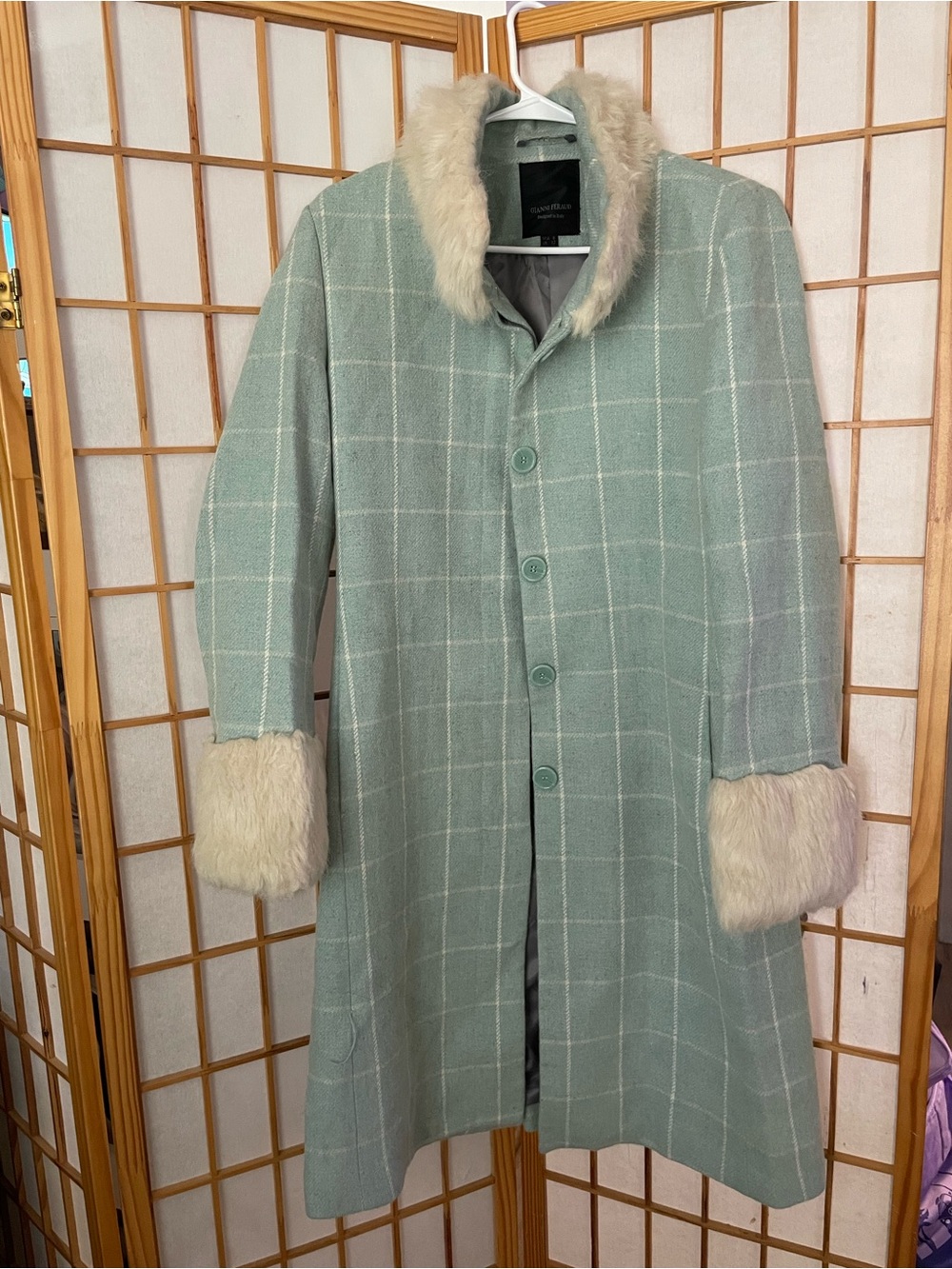 Gianni Feraud Wool Cashmere Plaid Coat Faux Fur Mint Size 8